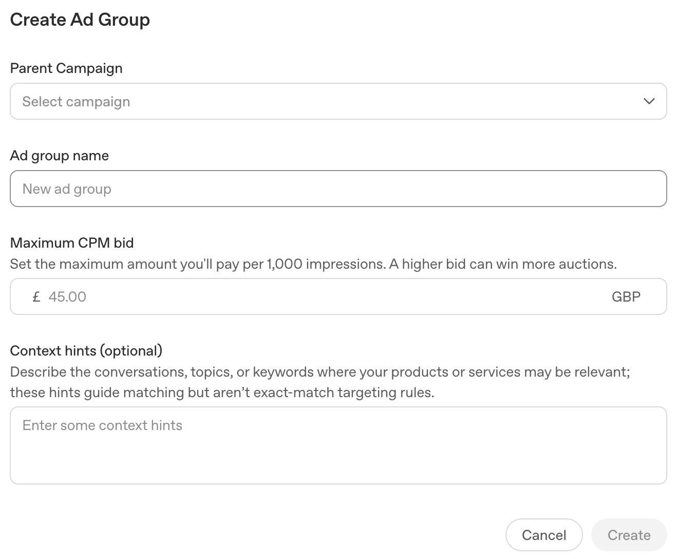 OpenAI Ads Ad Group Setup in the Backend